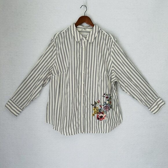 Ava & Viv Button Down Top Women 3X Cream Gray Stripe Embroider Floral Western - Picture 12 of 13